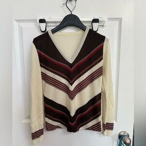 Vintage Chevron Stripe Sweater Ivory Brown Burgundy Retro Knit Japan Medium